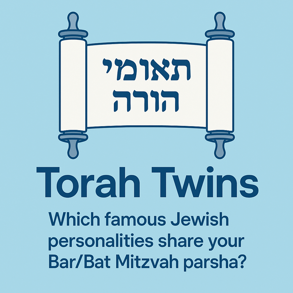 Torah Twins graphic with scroll reading תְּאוֹמֵי תּוֹרָה and the prompt asking which famous Jewish personalities share your Bar/Bat Mitzvah parsha